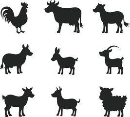 farm animal silhouettes including rooster cow donkey goat and sheep