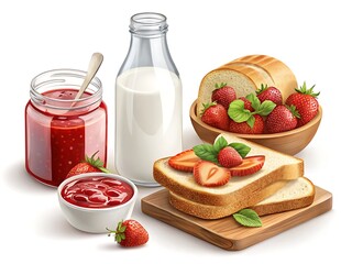 Delicious strawberry jam and fresh milk with sliced bread and strawberries isolated on white background