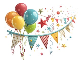 Festive celebration balloons and bunting with stars and confetti isolated on white background