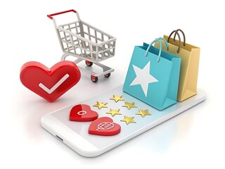 Online shopping concept with smartphone shopping bags shopping cart stars and hearts isolated on white background