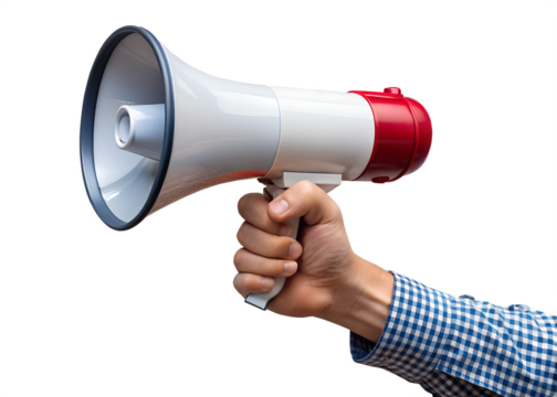 man shouting through megaphone on his hand 