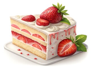 Delicious slice of strawberry shortcake with fresh strawberries and whipped cream isolated on white background