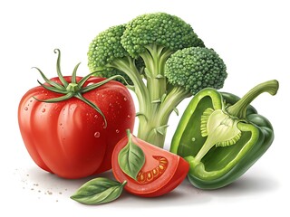 Fresh ripe tomato broccoli and green bell pepper with basil leaves isolated on white background