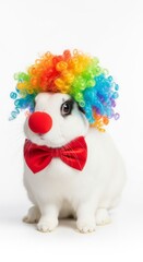 rabbit dressed as a clown with a colorful wig, red nose, and bow tie. Humorous and surreal animal portrait on white background
