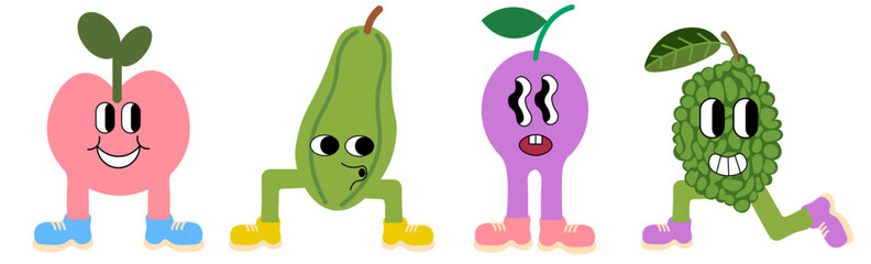fruits groovy characters set in doodle style. elements for mascot decor postcard design print sticker poster background