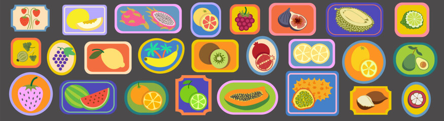 fruits label or stamp set in doodle style. elements for decor postcard design print sticker poster background
