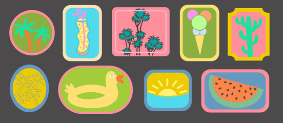 summertime trip label or stamp set in doodle style. elements for decor postcard design print sticker poster background