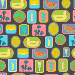 seamless pattern with summertime trip stamp set in doodle style. Ornament for decor postcard design print poster background wallpaper wrapping packaging textile banner backdrop