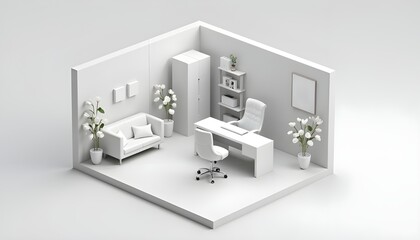 Clean, minimalist isometric 3D model of a modern office interior with furniture and plants, all in white.