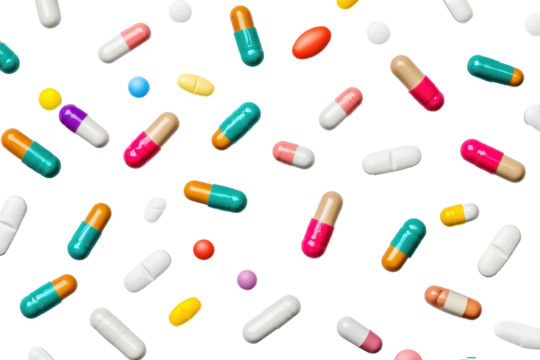 Colorful capsules scattered on a white surface in various shapes, sizes, and colors, creating a lively and vibrant display of pharmaceutical products