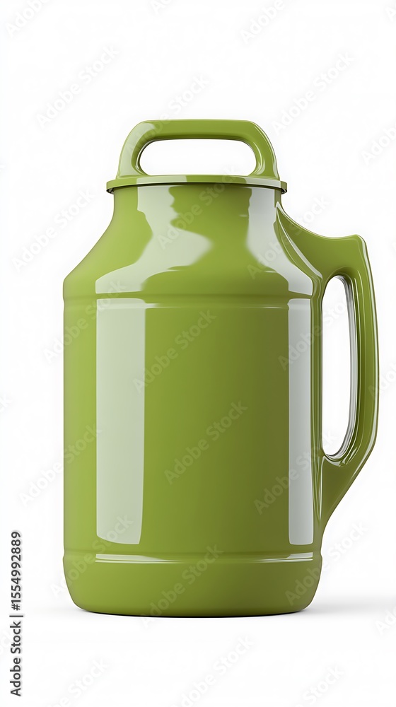 Fototapete Olive green container with handle and lid reflects light in a plain white setting