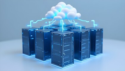 Powerful cloud computing infrastructure concept showing server racks connected by energy bolts to a central cloud.