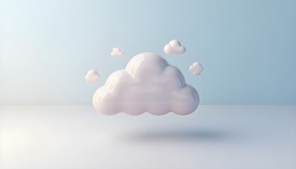 Simple 3D illustration of glossy white cartoon clouds floating in a serene blue and white space.