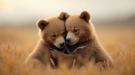Two adorable brown bear cubs embracing in golden grassland, professional wildlife photography with soft natural lighting and rich fur detail