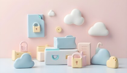 Secure cloud storage and file organization concept with cute 3D pastel icons of folders, clouds, and locks.