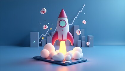 Startup launch concept with a rocket taking off from a platform, with a financial growth chart in the background.