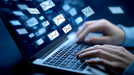 Typing on Laptop with Floating Envelopes, Connecting Digitally, Sending Messages, Digital Communication, Modern Technology, Professional Workflow, Dark Blue Theme.