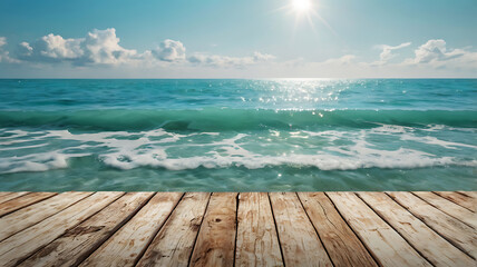 Obraz premium Bright and refreshing seaside background with a clear blue sky, turquoise water, and gentle waves. In the foreground, add a vintage wooden surface such as a sun-faded plank table or weathered beach 