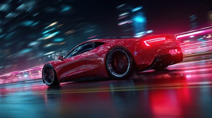 Side view of speeding sleek red sports car on neon highway. Powerful acceleration of a supercar on a night track with neon lights and trails. 3d render.