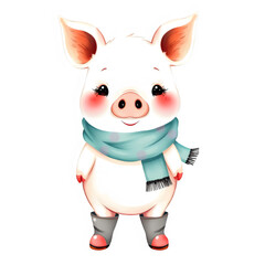 Joyful baby pig watercolor in scarf and boots.