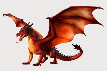 A detailed 3D render of a fearsome red dragon with sharp claws horns and a long spiked tail Its large translucent orange wings are spread wide showcasing intricate veins