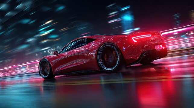 Side view of speeding sleek red sports car on neon highway. Powerful acceleration of a supercar on a night track with neon lights and trails. 3d render.