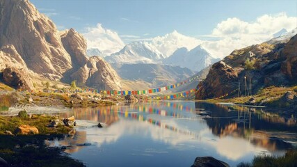 Serene mountain lake reflecting snowy peaks & prayer flags
