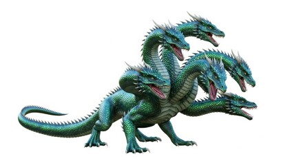 Epic illustration of a fierce hydra dragon with nine snarling heads, sharp claws, and armored scales, standing ready to strike on a white background