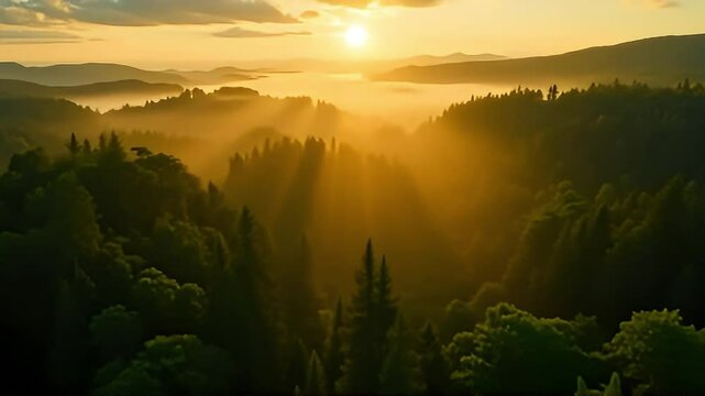 Sunrise paints the forest with golden light, mist hanging low over the trees in a tranquil wilderness view.