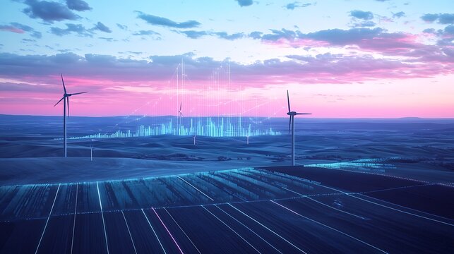 Wind Turbines and Data Visualization Landscape at Sunset: Clean Energy and Futuristic Technology Concept