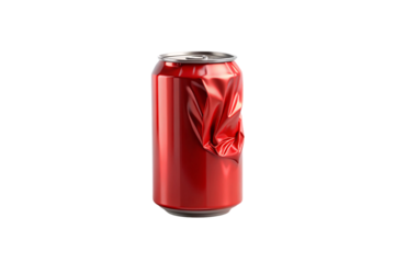 Red aluminum beverage can with dramatic crumpled dent effect creating dimensional metallic surface texture, isolated on a transparent background