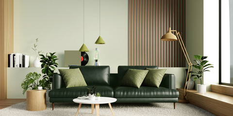 Sustainable interior design showcasing a green living space. 3D render illustration