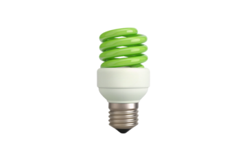 Green spiral compact fluorescent light bulb with white base, energy efficient CFL lamp with coiled tube, isolated on a transparent background