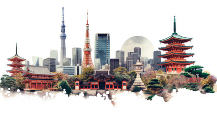 Japan Travel Collage of famous places. Element for Advertisement, postcard, poster