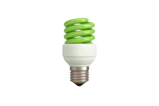 Green spiral compact fluorescent light bulb with white base, energy efficient CFL lamp with coiled tube, isolated on a transparent background