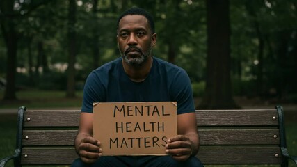 Mental Health Awareness: Portrait of thoughtful African American man holding sign with 'Mental Health Matters' message, promoting care, support, awareness for wellbeing.