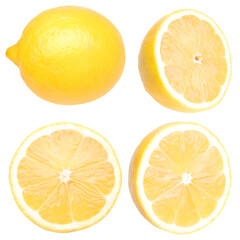 ripe lemon fruit, slices and half isolated, Fresh and Juicy Lemon, transparent PNG, cut out