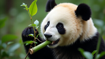 Naklejka premium Peaceful Giant Panda Enjoying Fresh Bamboo Feast