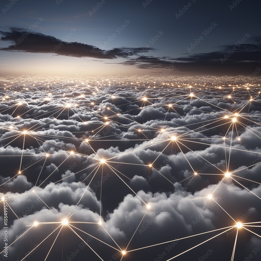 Poster a network of glowing lights connects above the clouds. the network is a metaphor for the connected w