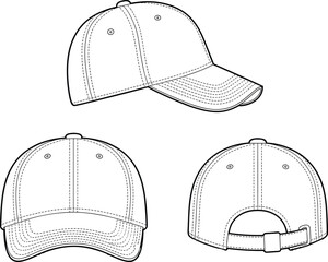 CAD drawing flat vector illustration of classic baseball cap design with front, side, and back view, detailed stitching, curved visor, adjustable buckle strap