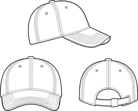 CAD drawing flat vector illustration of classic baseball cap design with front, side, and back view, detailed stitching, curved visor, adjustable buckle strap
