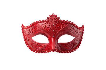 Elegant red masquerade mask with ornate baroque scrollwork and beaded pearl trim, isolated on a transparent background