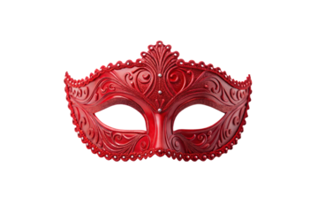 Elegant red masquerade mask with ornate baroque scrollwork and beaded pearl trim, isolated on a transparent background