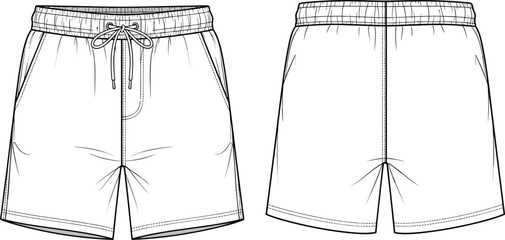 CAD drawing flat vector illustration of casual men's shorts front and back view, fashion technical sketch with drawstring waistband, summer apparel design template