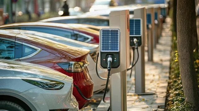 Row of electric vehicles charging at solar-powered stations