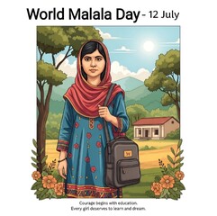 Celebrating World Malala Day A Colorful Illustration Depicting Malala Yousafzai and Her Advocacy for Girls' Education Worldwide