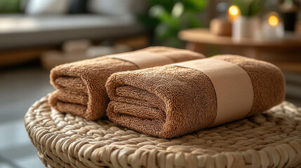 set of plush brown towels tied with paper ribbon for natural home decor