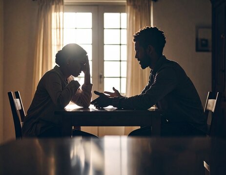 couple arguing camly in a house