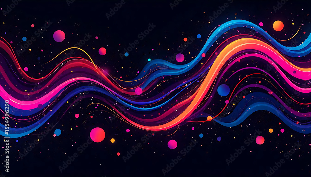 Poster a vibrant abstract background with colorful wavy lines and floating spheres on a dark starry backdro