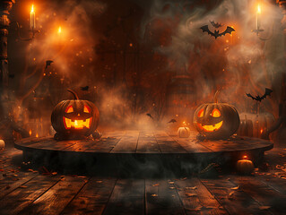 Spooky Halloween Jack O Lanterns on Wooden Stage with Bats